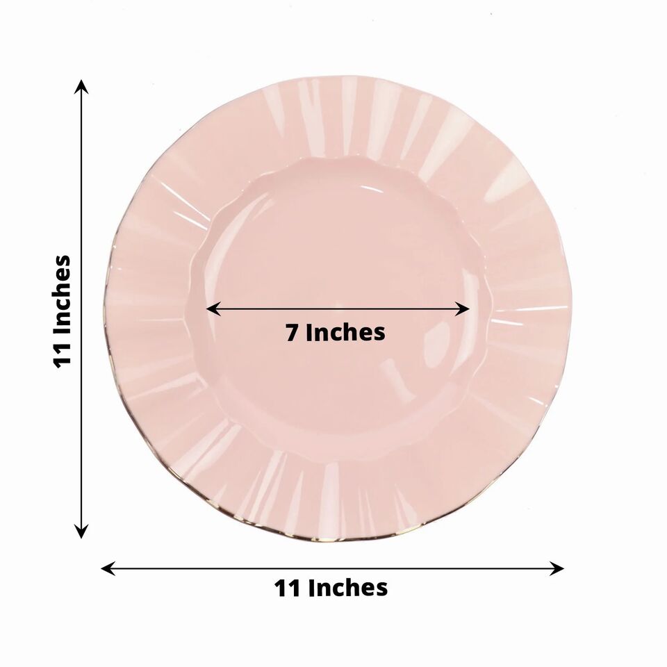 10 BLUSH 11&#x22; Round PLASTIC Salad Dinner PLATES Gold Wavy Rim