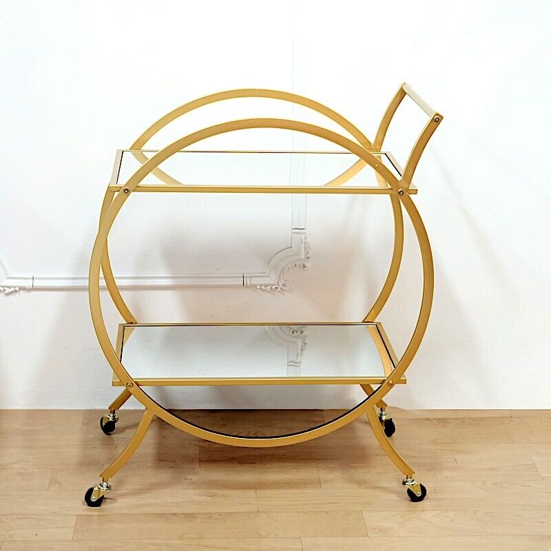 2.5 feet Gold 2-Tier Round Metal Bar Cart Mirror Glass Serving Trays