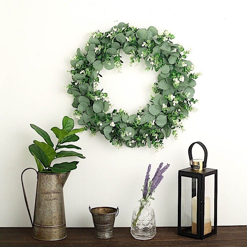 2 Green White 21 in Wreaths Artificial Eucalyptus Genlisea Leaves Candle Rings