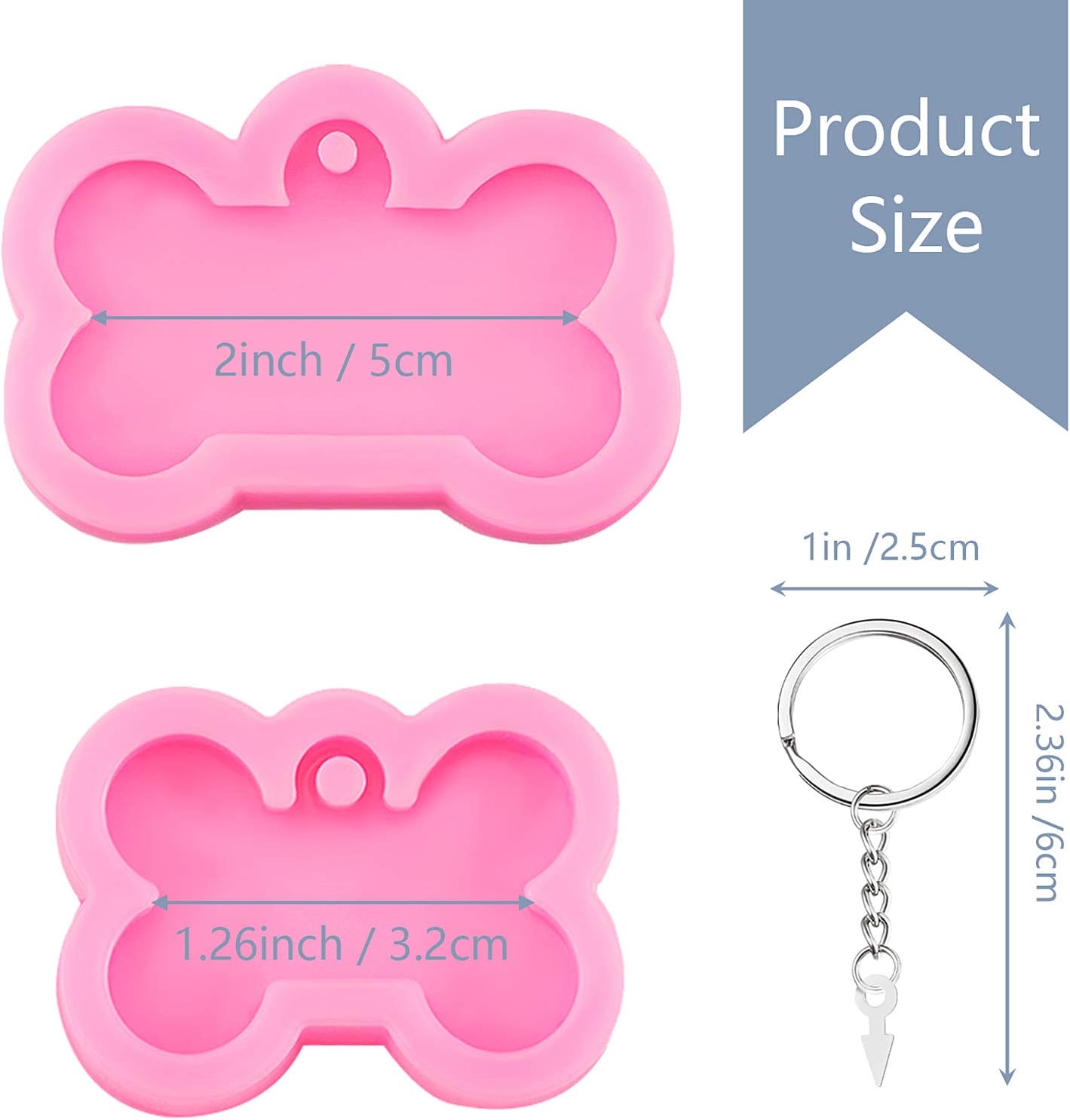 6 Pieces Dog Bone Silicone Mold Dog Tag Keychain Mold Kit DIY Dog Tag Pendant Baking Epoxy Resin Clay Mold with 10 Pieces Big Key Ring for Kitchen or Homemade Crafts, 2 Sizes