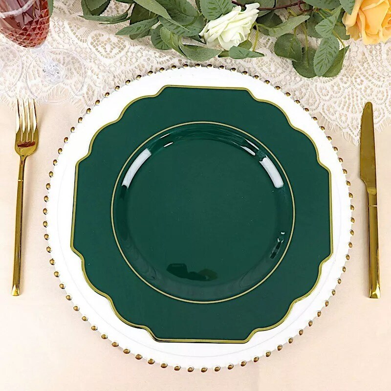 10 HUNTER GREEN 12" Baroque PLASTIC DINNER PLATES with Gold Rim