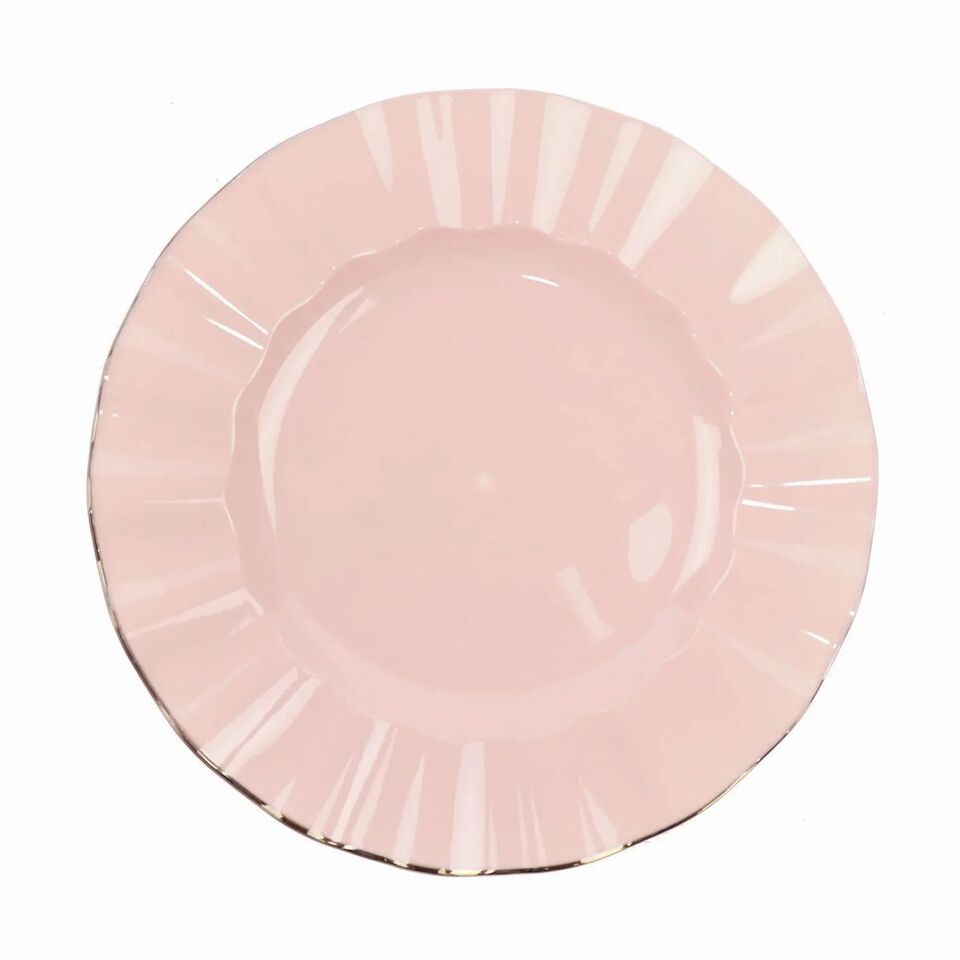 10 BLUSH 11&#x22; Round PLASTIC Salad Dinner PLATES Gold Wavy Rim