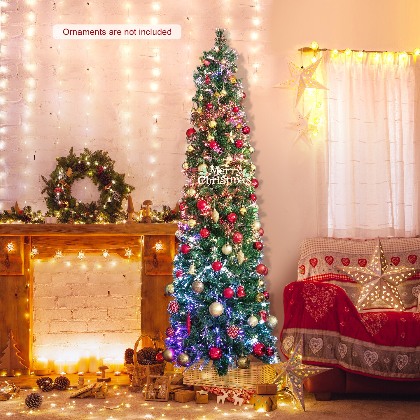 Pre-lit Christmas Pencil Tree With Colorful Fiber Optics Green