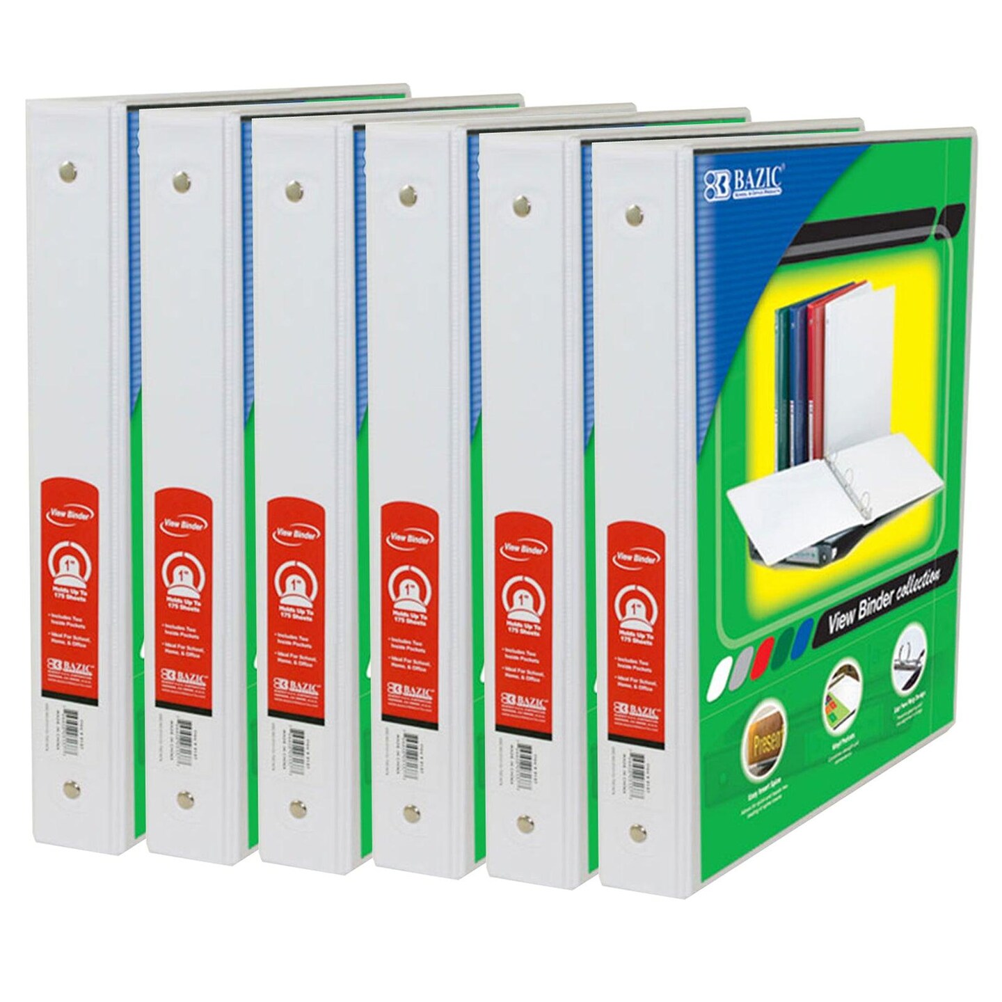 View Binder, 3-Ring, 1&#x22;, 2 Pockets, White, Pack of 6