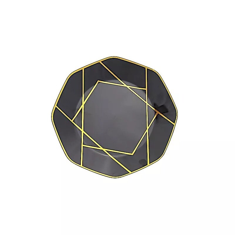 10 BLACK GOLD 8&#x22; Octagon DISPOSABLE SALAD PLATES Geometric