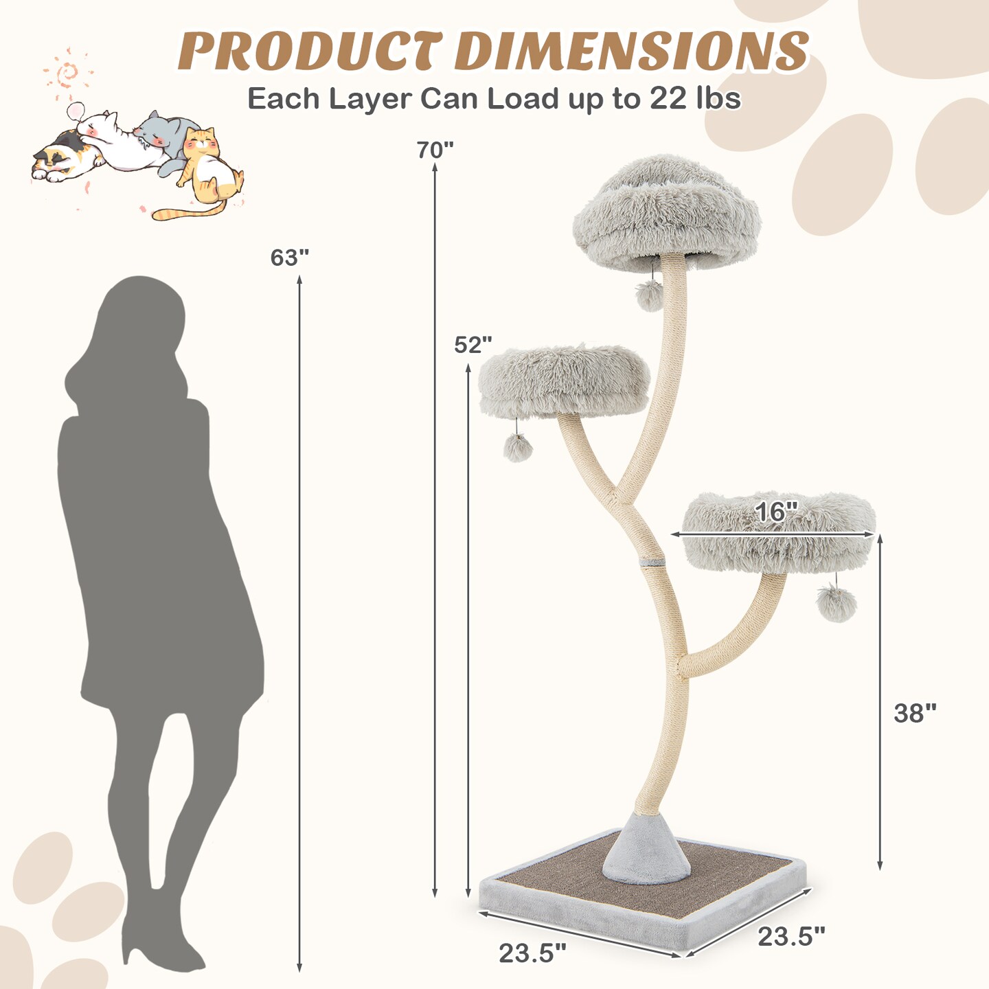 70&#x22; Tall Cat Tree 4-Layer Cat Tower with 3 Perches and Dangling Balls - 23.5&#x22; x 23.5&#x22; x 70&#x22;
