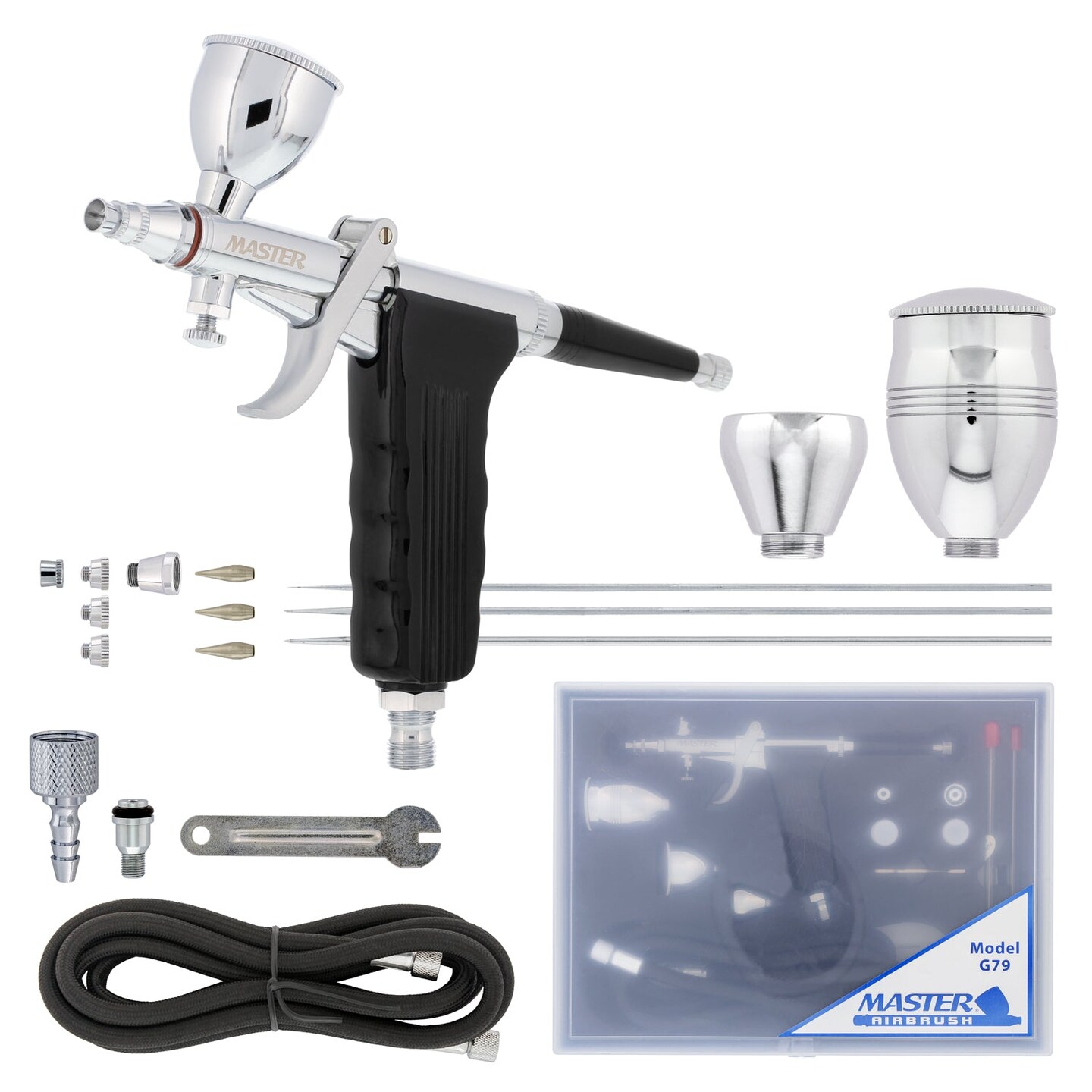 Master Hi-Flow G79 All-Purpose Pistol Trigger Gravity Feed Airbrush Set, 3 Nozzle Sets, 3 Cup Sizes &#x26; 6 ft. Air Hose