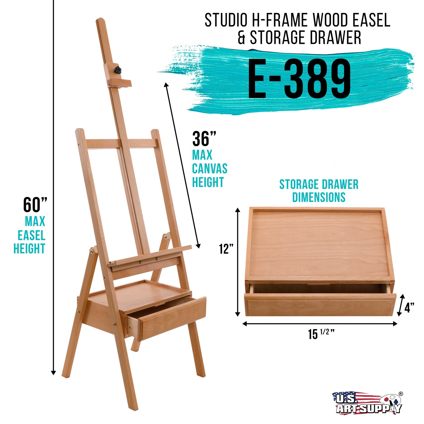 Large Wooden H-Frame Studio Easel with Artist Storage Drawer and Shelf - Mast Adjustable to 75&#x22; High, Sturdy Beechwood Canvas Holder Stand - Organized