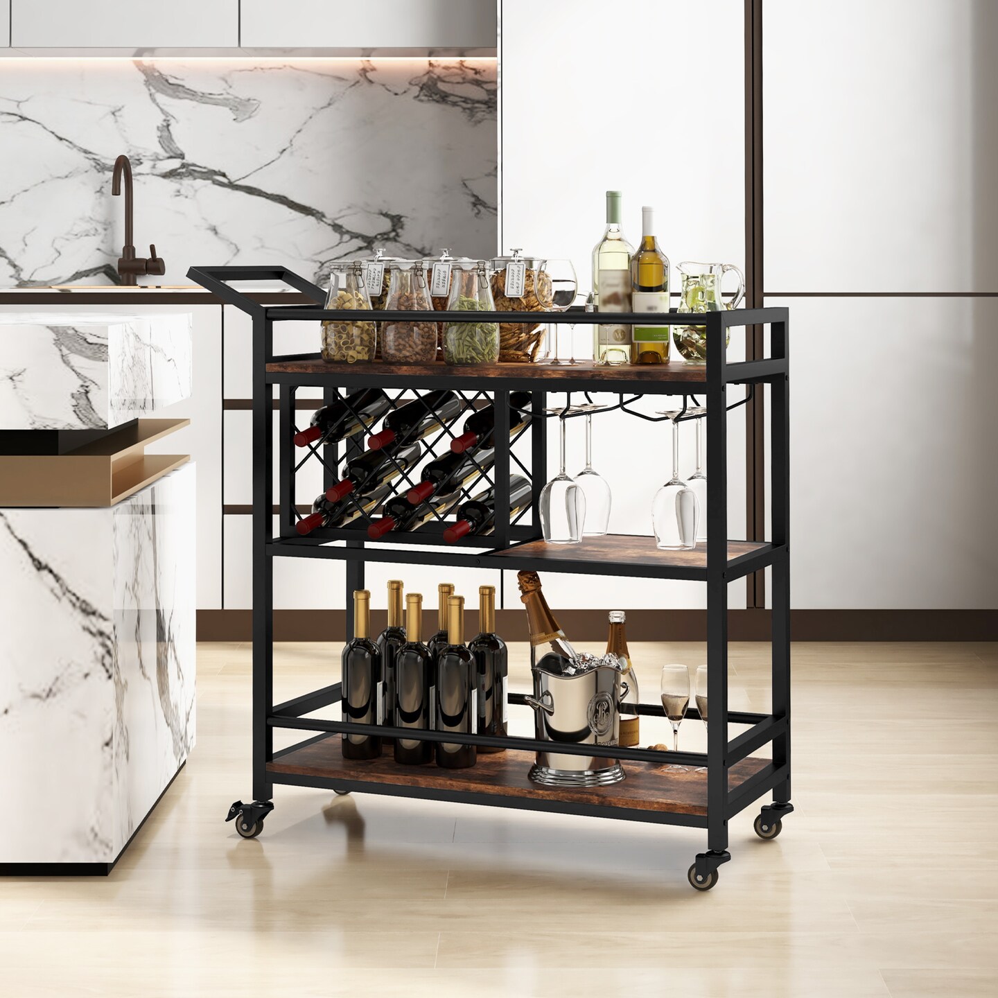 3-tier Bar Cart on Wheels Home Kitchen Serving Cart with Wine Rack and Glasses Holder - 41" x 14" x 37"
