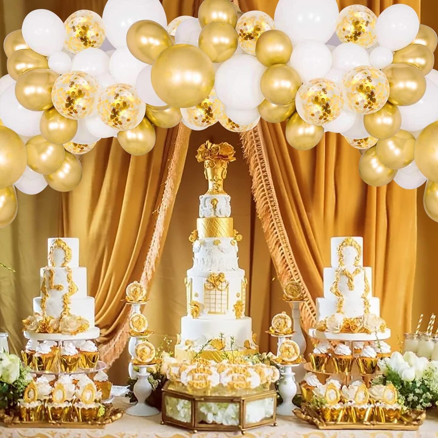 90Pcs Gold and White Confetti Balloons, 12 Inches Gold Glitter Balloons, White Metallic Glod confetti Letax Balloons, Thicken Gold Glitter White Matte Party Balloons for Balloon Garland Arch