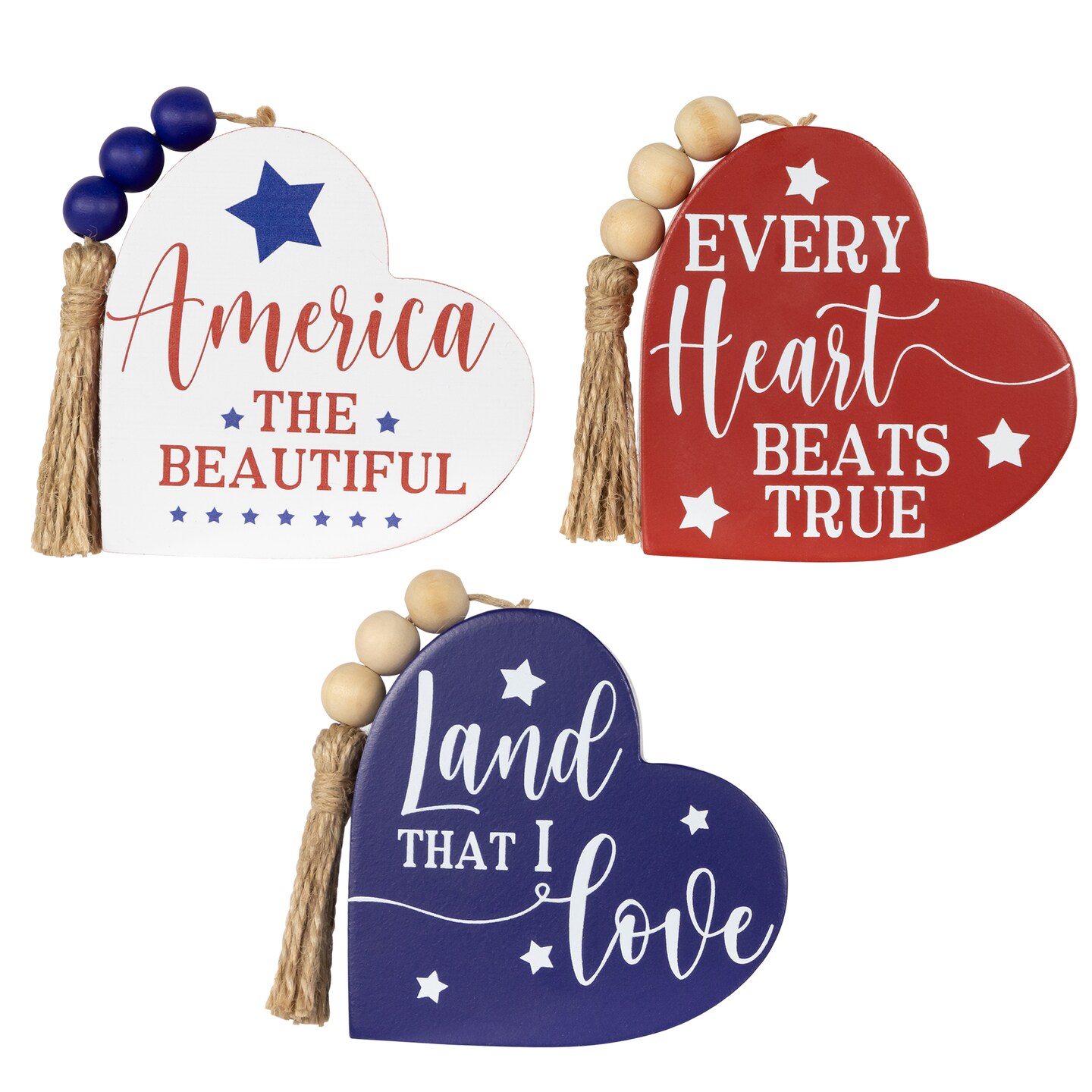 Northlight Patriotic Hearts with Beaded Tassels Wooden Signs - 3.75" - Set of 3