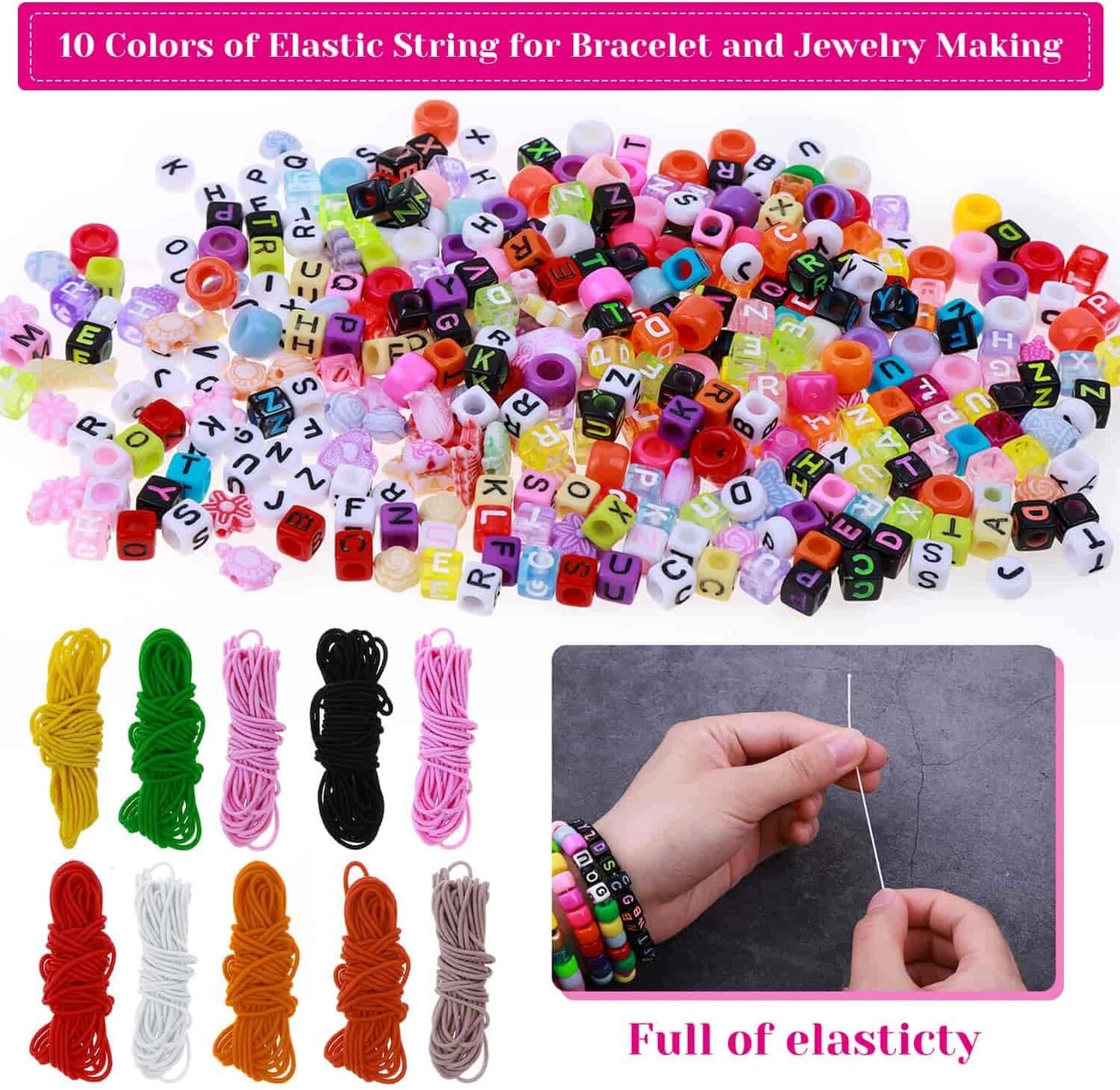 Bead Bracelet Making Kit, Bead Friendship Bracelets Kit with Pony Beads Letter Beads Charm Beads and Elastic String for Bracelet and Jewelry Making Rainbow Colors