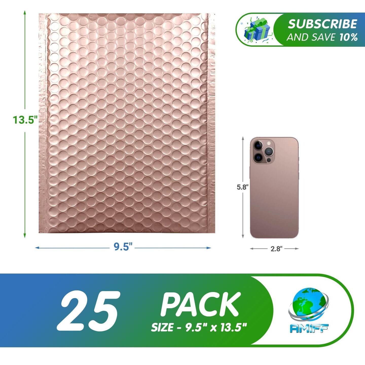 Amiff Rose Gold Bubble Mailer 9.5 x 13.5 Pack of 25 Padded Envelopes Rose Gold Foil Mailing Envelopes 9 1/2 x 13 1/2 Metallic Padded Shipping Packing Supplies Self Seal Cute Bubble Mailers