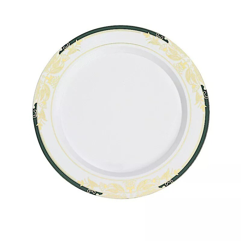10 White Round 8&#x22; Plates Hunter Green Gold Trim