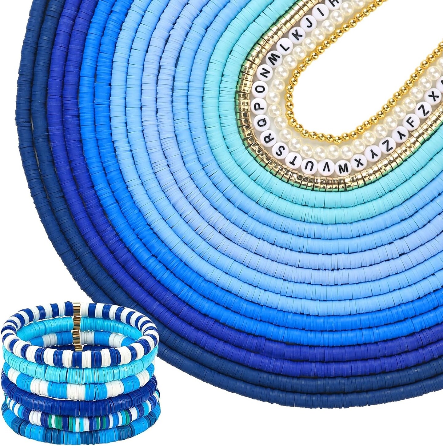 14 Strands Blue Clay Beads Bracelet Making Kit, 5500 Flat Polymer Clay Heishi Beads for Friendship Bracelets Jewelry Making Kit with Letter Pearl Gold Spacer Beads for Girls Women