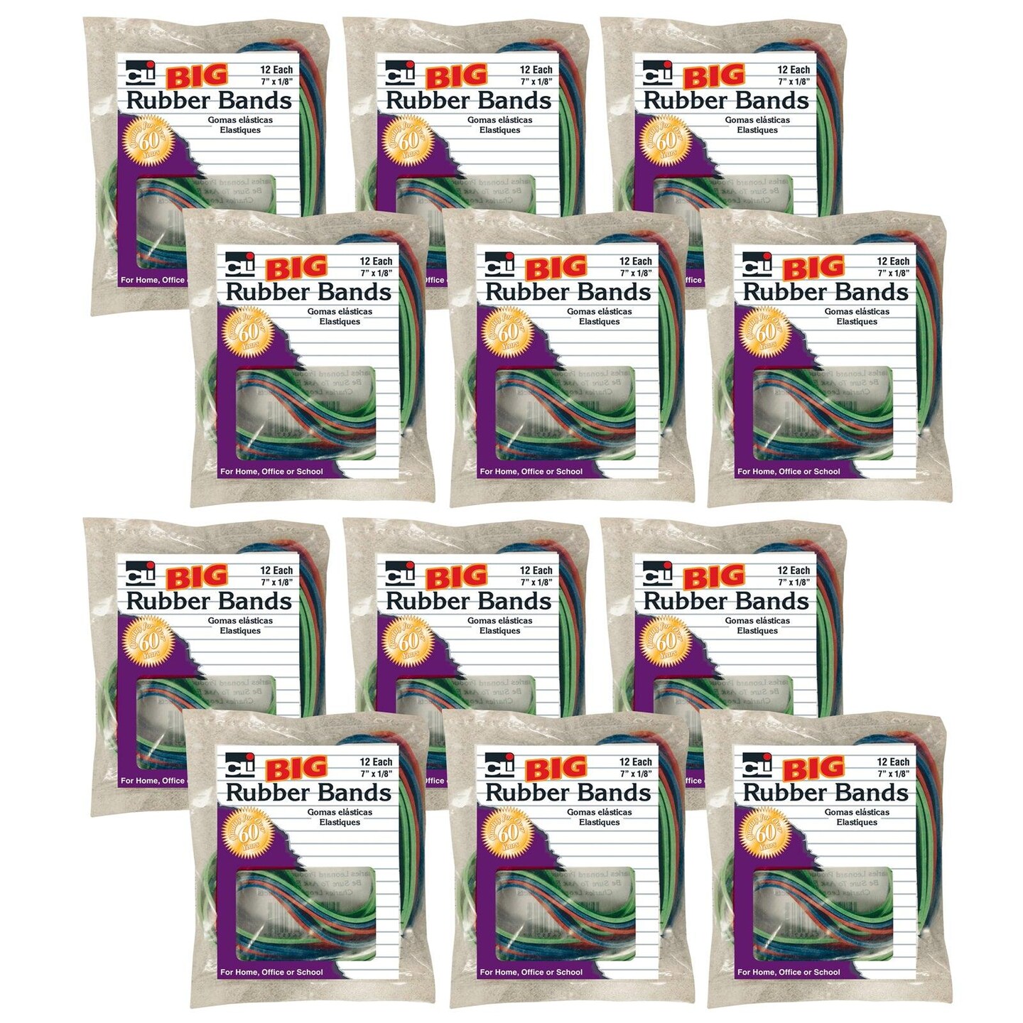 Big Rubber Bands, 7&#x22; x 1/8&#x22;, 12 Per Pack, 12 Packs