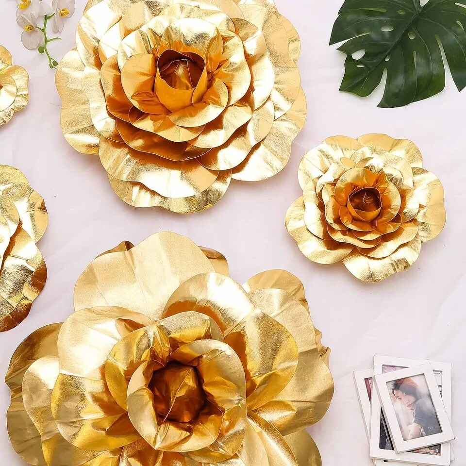 4 pcs 12&#x22; Gold Artificial Large Roses Flowers Wall Backdrop