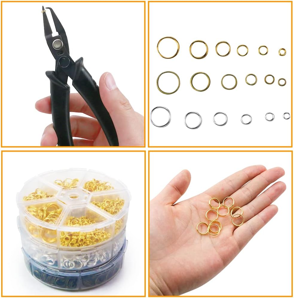 Split Rings Kit, 2070 PCS Double Loops Split Jump Ring with Split Ring Pliers, Mini Metal Ring Connectors 4mm to12mm for Jewelry Making and DIY Crafts, Silver, Gold and Bronze