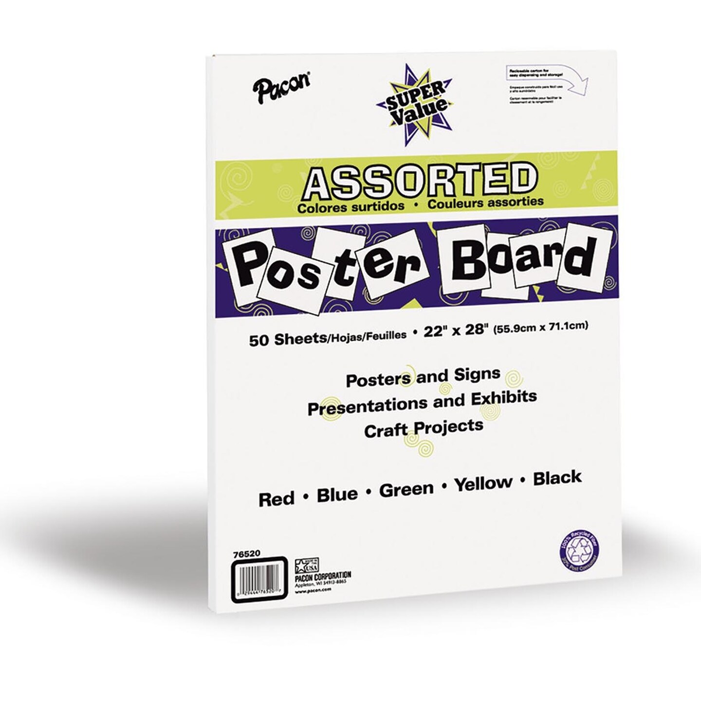 Super Value Poster Board, 5 Assorted Colors, 22&#x22; x 28&#x22;, 50 Sheets