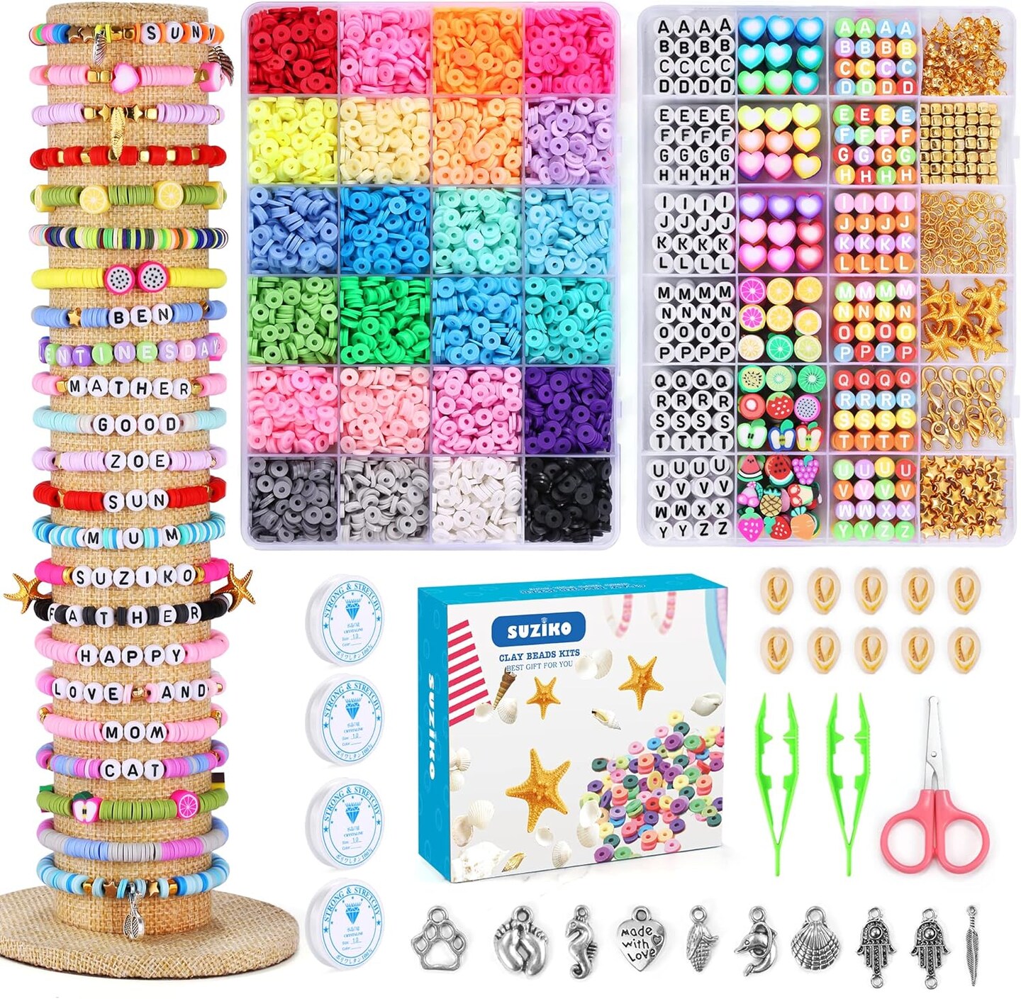 Bracelet Making Kit, 7400 Pcs Clay Beads Flat Round Clay Beads for Jewelry Making Crafts Gift for Girls Ages 3-12(2 Box)