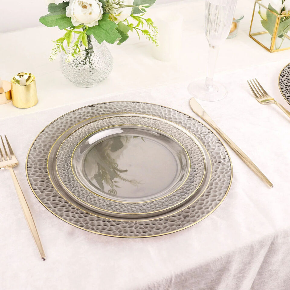 10 BLACK 7.5&#x22; Round Salad PLATES Hammered GOLD Trim