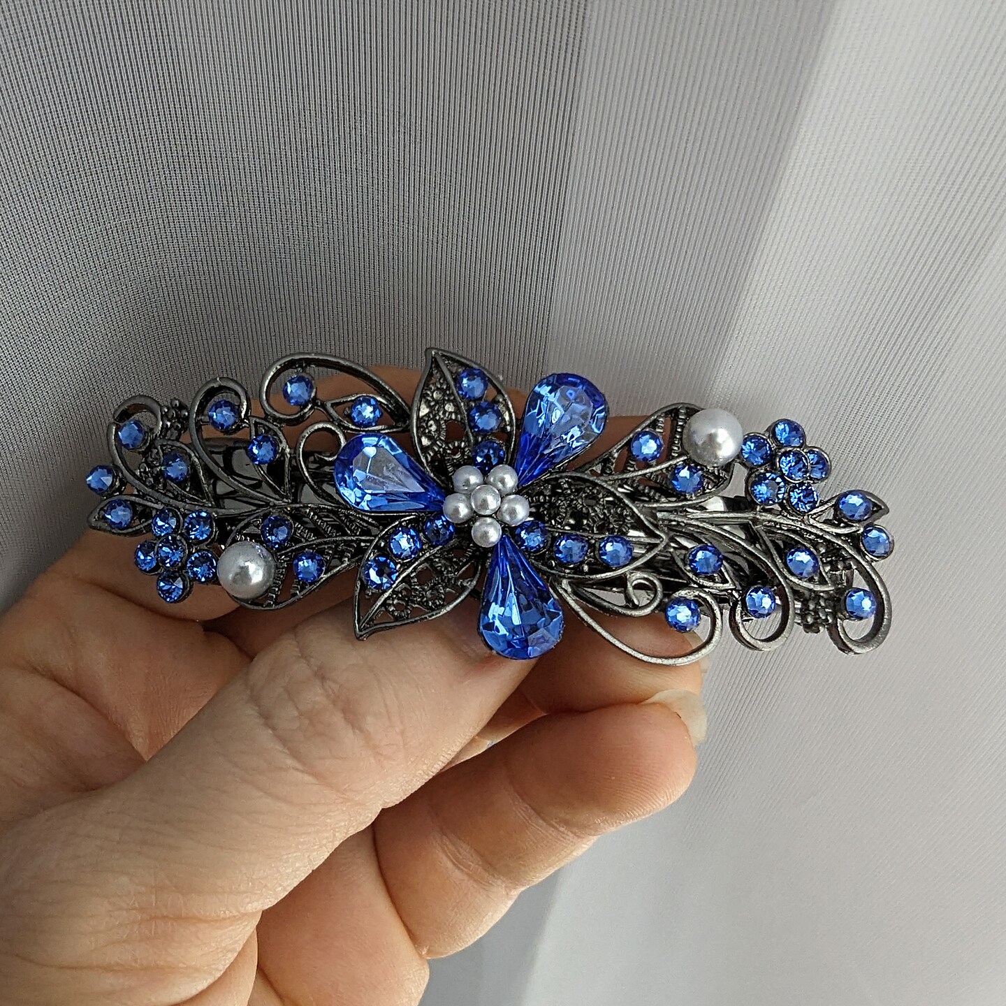 Vintage Blue Floral Hair Clips and Holographic Barrette Swarovski Sapphire Blue Floral Crystal Hair Clips, Fancy  main image 4