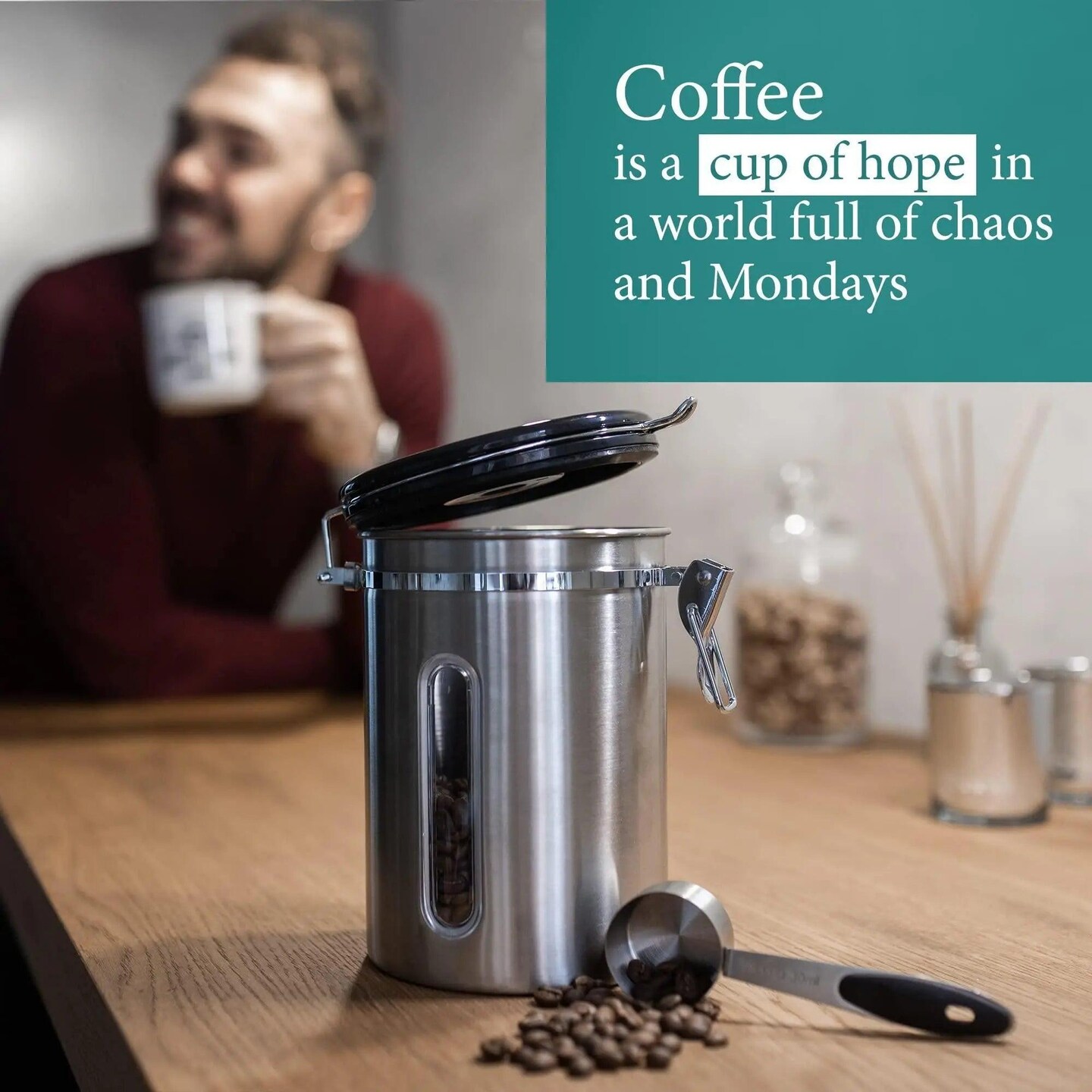 Stainless Steel Coffee Canister Airtight Kitchen Food Storage Container with Date Tracker CO2 Release Valve and Measuring Scoop For Ground Coffee Beans Tea Sugar Large (Silver)