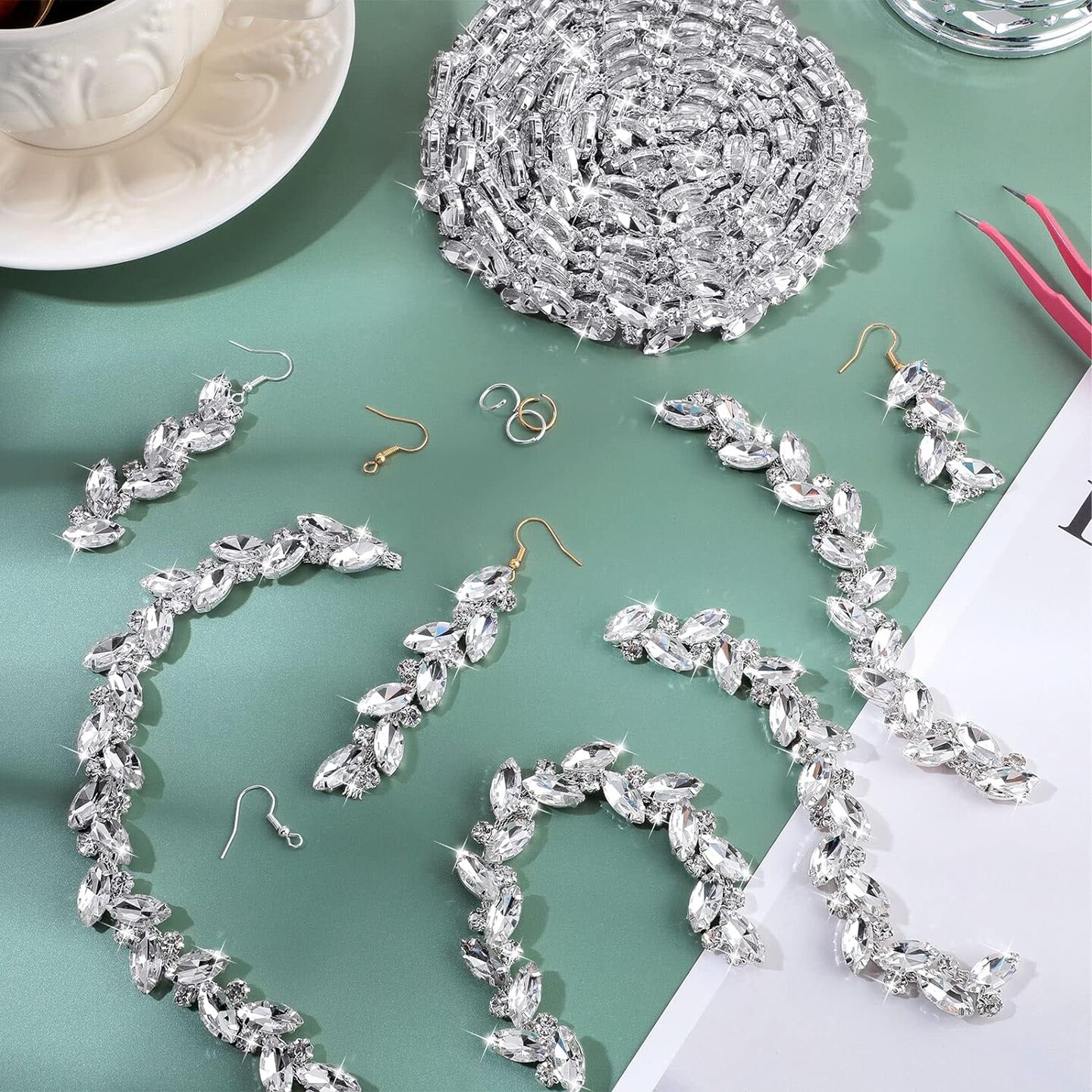 Rhinestone Chain Trim Applique Embellishment Crystal Bridal Costume Flower Leaf Chain Sewing Bling Trim for Wedding Jewelry DIY Necklace Bags Parties(Silver, 3 Yards)