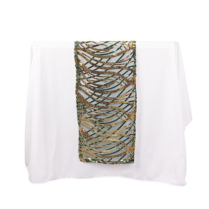 12&#x22;x108&#x22; HUNTER GREEN GOLD Mesh TABLE RUNNER Wavy Embroidered Sequins