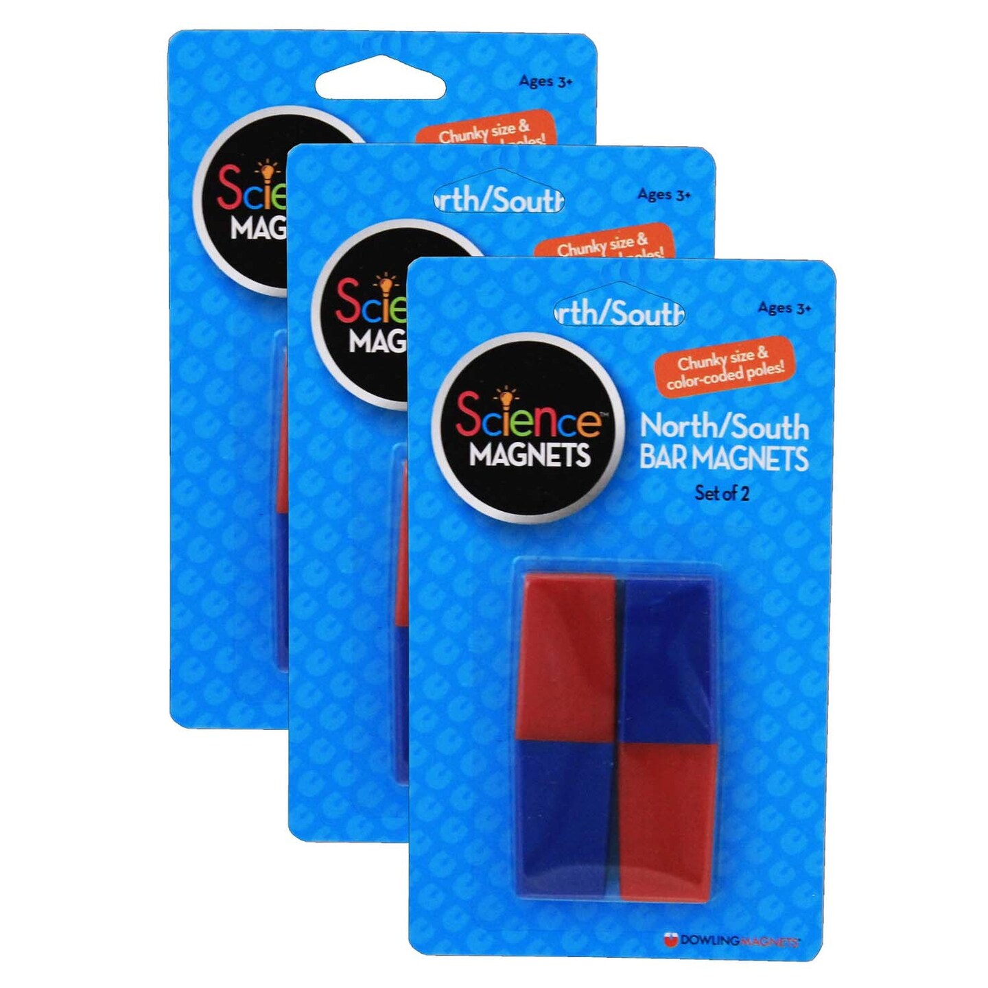 North/South Bar Magnets 3&#x22;, Red/Blue Poles, 2 Per Pack, 3 Packs