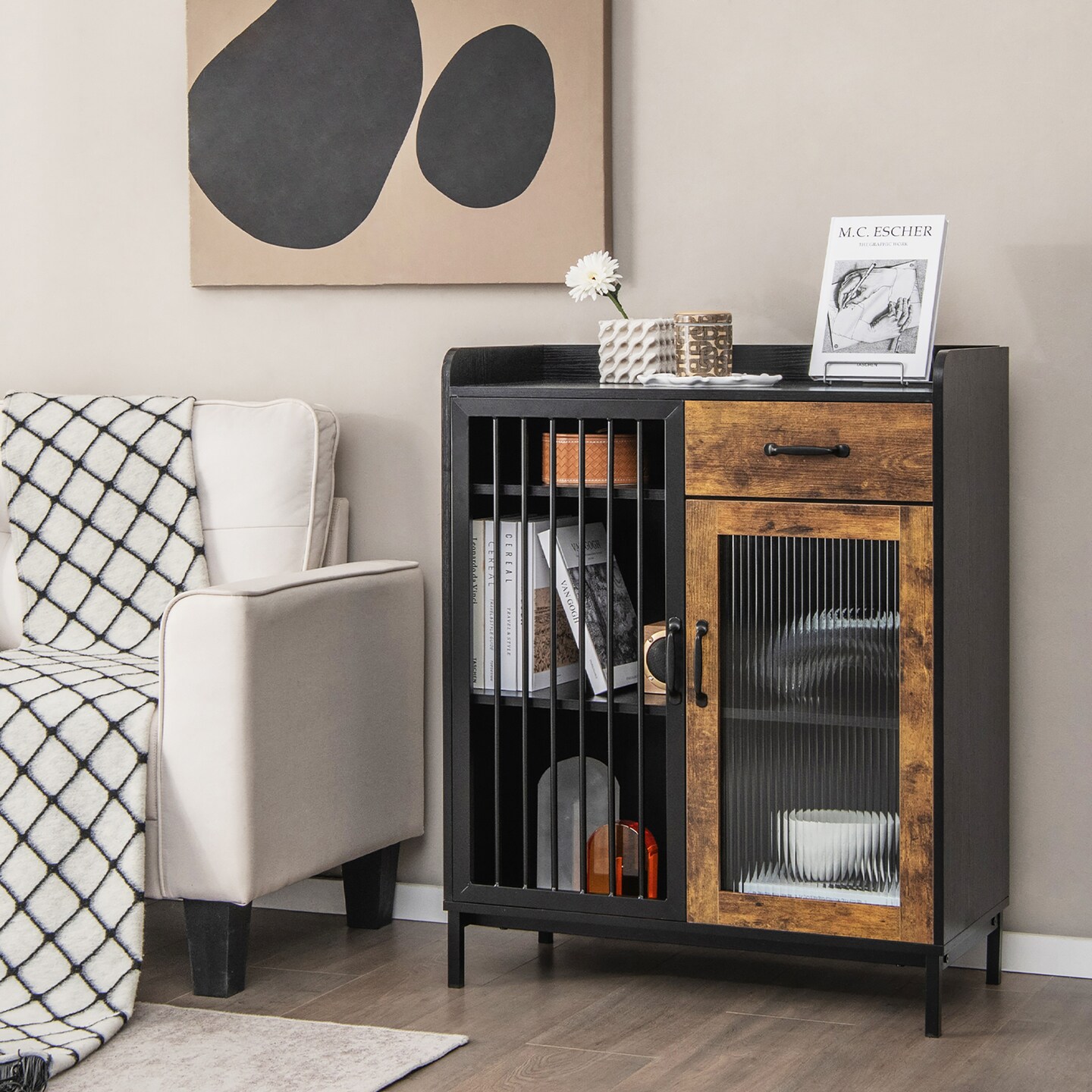 Costway Kitchen Sideboard Buffet Bar Cabinet Accent Cupboard with Metal Glass Door &#x26; Drawer