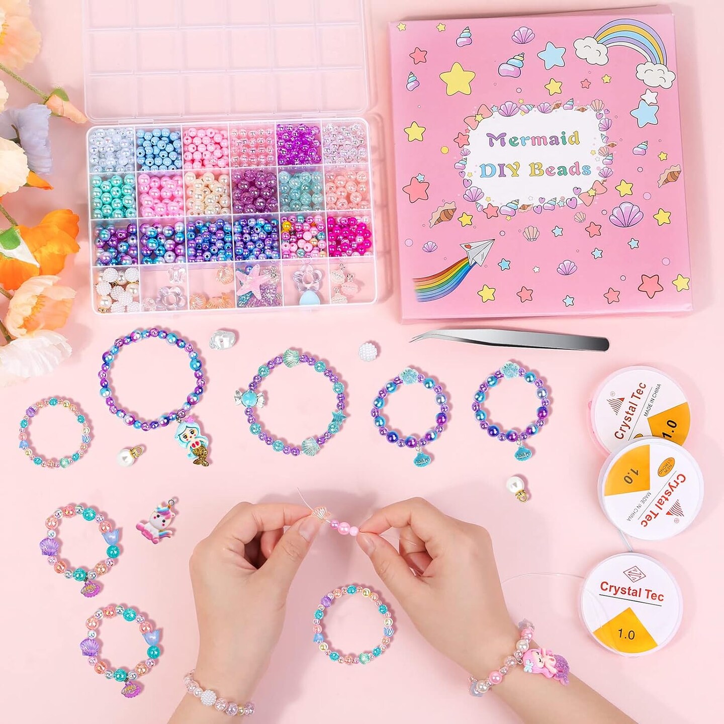 802Pcs Bracelet Making Kit for Girls Mermaid Beads for Jewelry Making Assorted Sizes 6mm 8mm Jewelry Making Kit with Mermaid Shell Pendants, Mermaid Beads for Bracelet Necklace DIY Craft