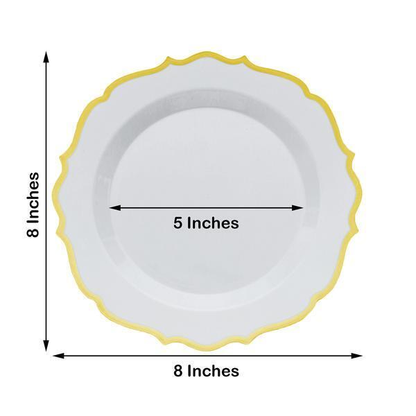 30 WHITE 8&#x22; Round Plastic Dinner Plates GOLD Scalloped Rim