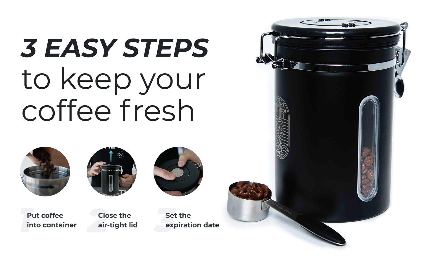 Stainless Steel Coffee Canister   Airtight Kitchen Food Storage Container with Date Tracker CO2 Release Valve and Measuring Scoop For Ground Coffee Beans Tea Sugar Large (Black)