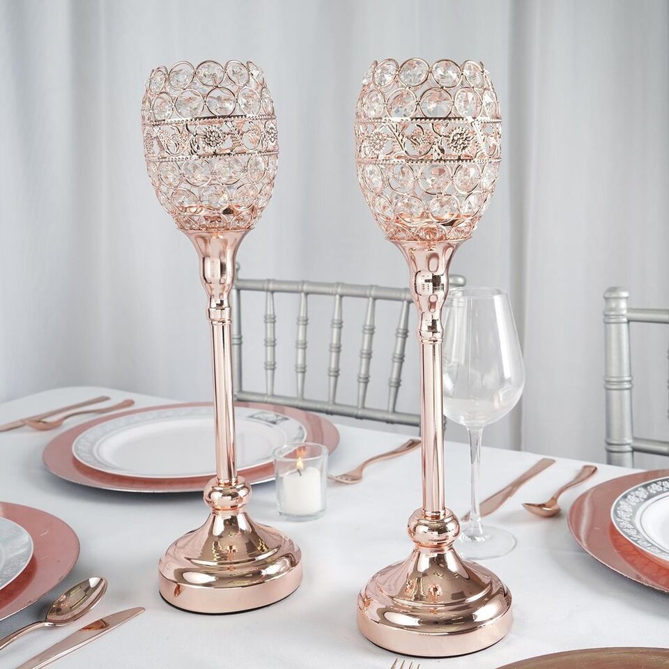 2 Rose Gold Metal 16&#x22; tall Beaded Candle Holder