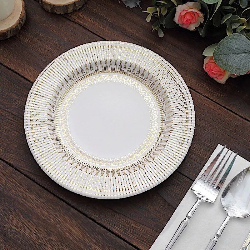 25 WHITE GOLD 8&#x22; Porcelain Design Round Paper PLATES