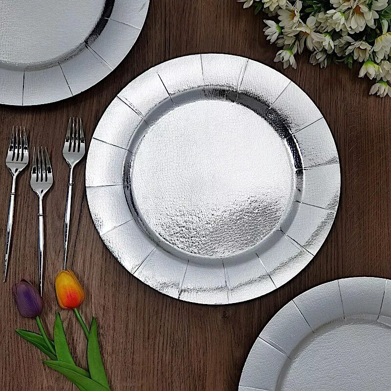 SILVER 10 Round 13&#x22; Disposable Paper CHARGER PLATES