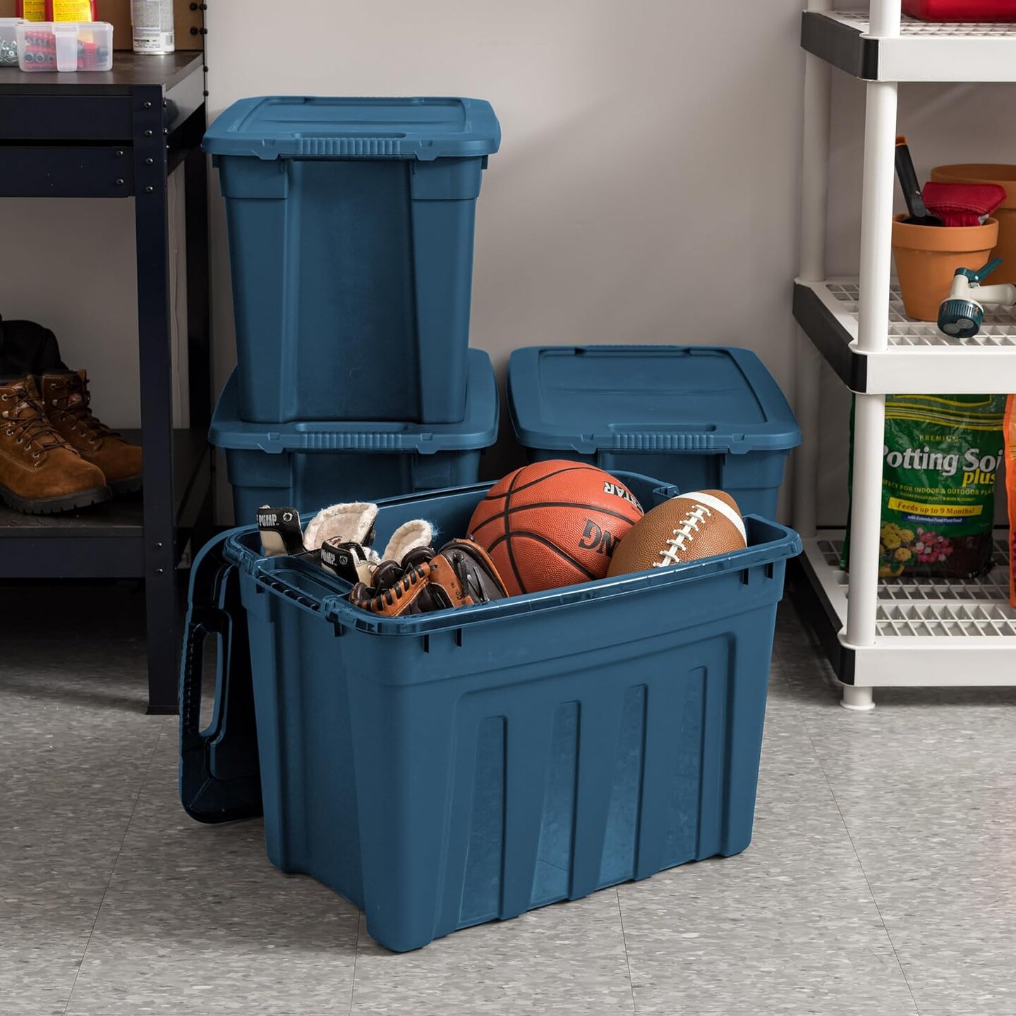 IRIS USA 4Pack Heavy Duty Storage Plastic Bin Tote Container with Easy-Grip Handles, Durable, Black