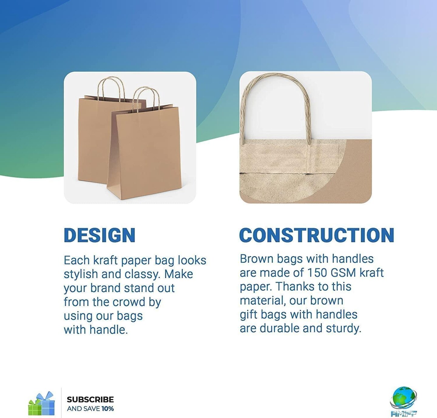 Amiff Brown Shopping Bags 5.25 x 3.75 x 8 Pack of 25 Brown Paper Bags with Handles Bulk 150 GSM Brown Gift Bags with Handles Bulk Brown Bags with Handles Bulk Brown Kraft Bags with Handles
