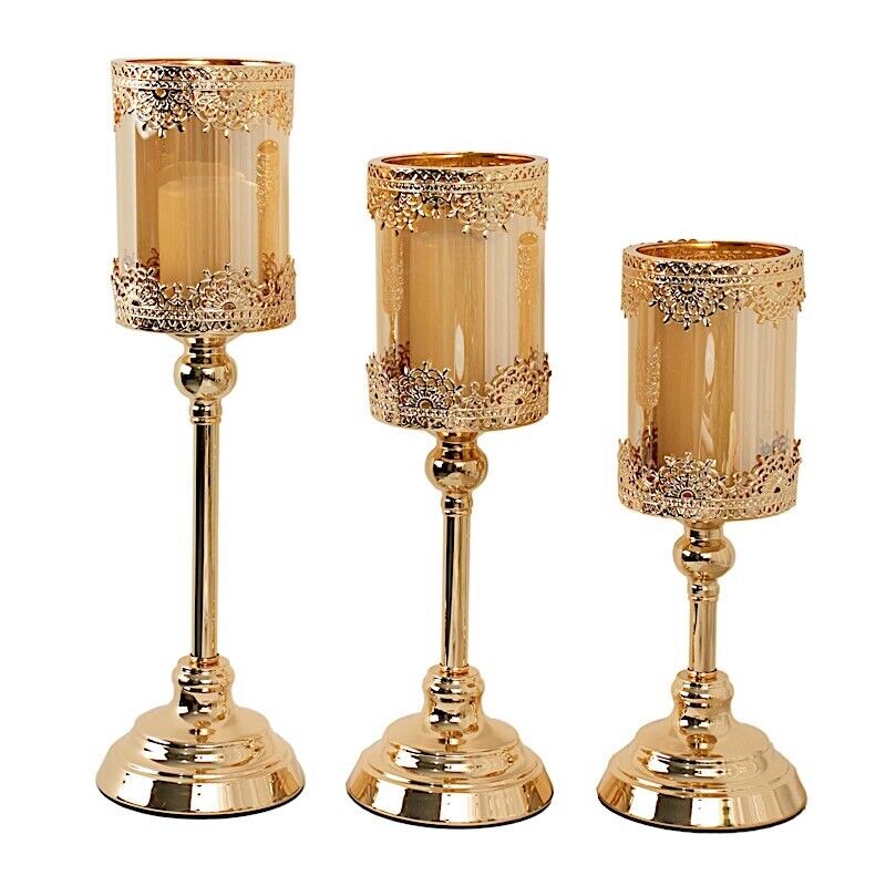 3 ANTIQUE GOLD Lace Design Metal Glass Votive CANDLE HOLDERS Centerpieces
