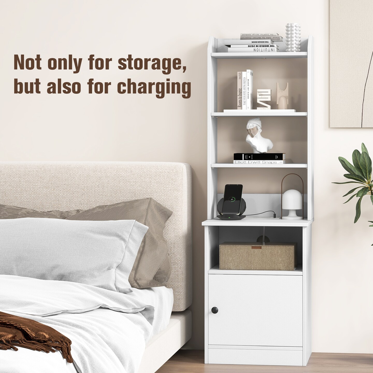 Bedside Tables Tall Nightstands with 5 Open Shelf and Cabinet