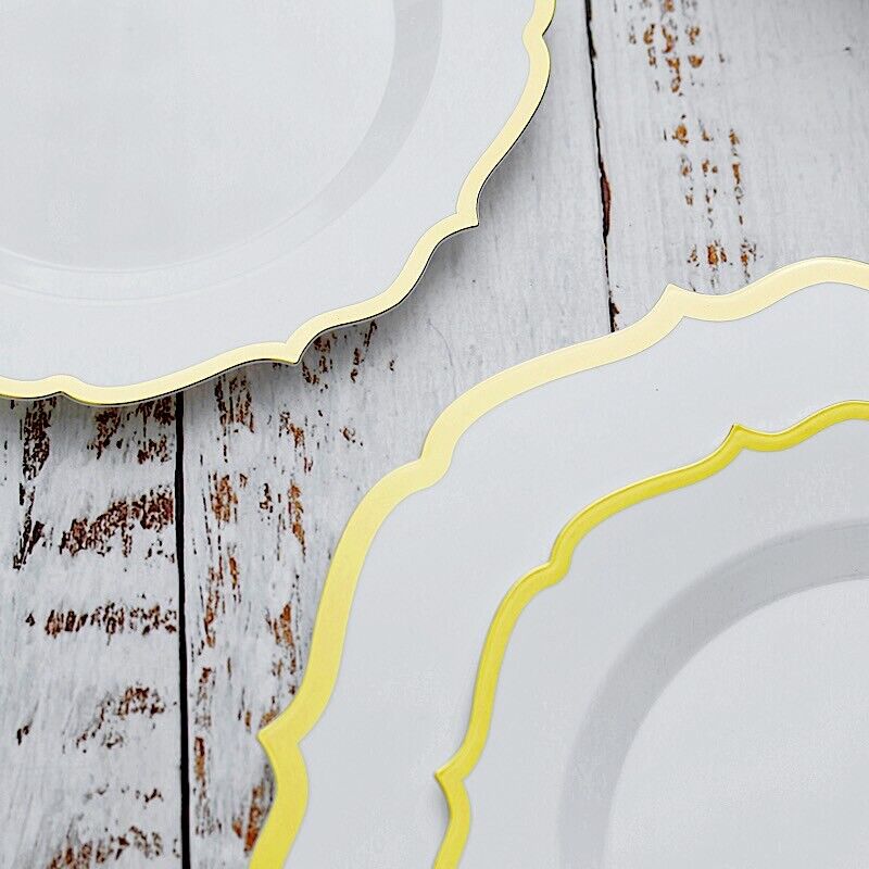 30 WHITE 8&#x22; Round Plastic Dinner Plates GOLD Scalloped Rim