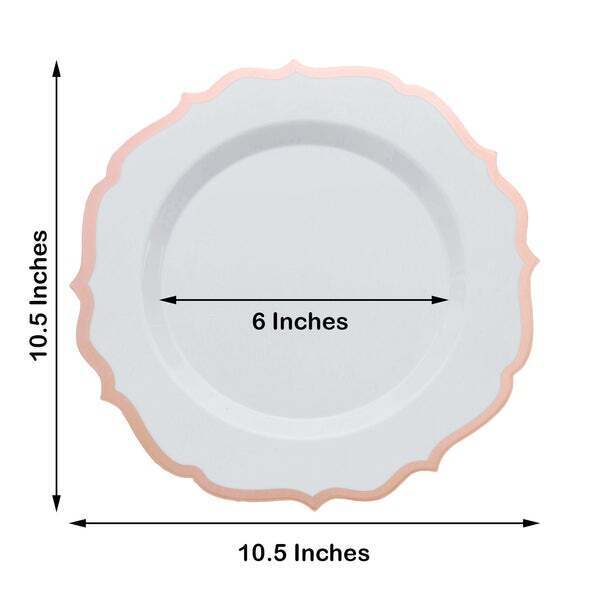 10 WHITE 10.5&#x22; Round Plastic Dinner Plates ROSE GOLD Scalloped Rim