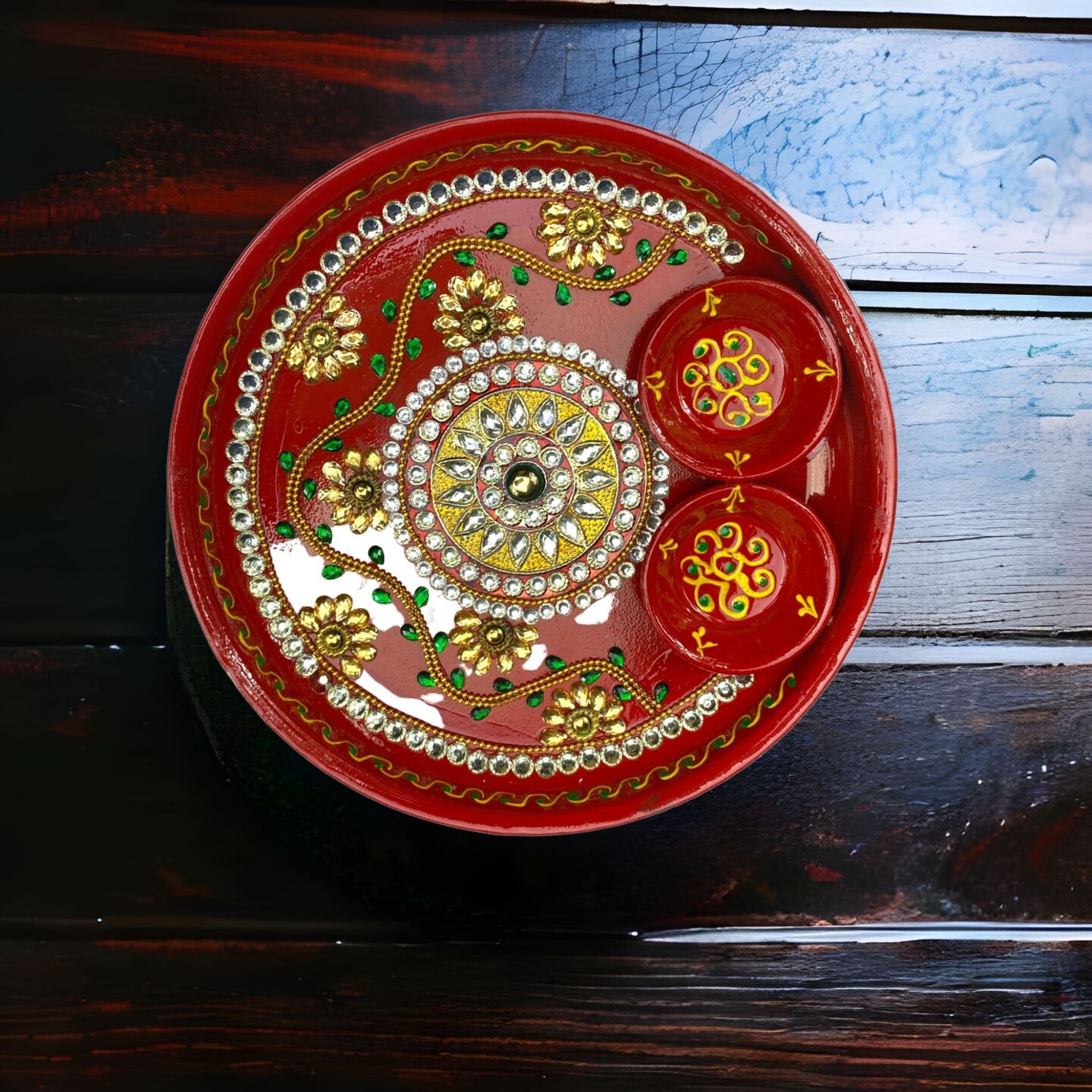 Rhinestone Pooja Aarti Thali with Bowls Meenakari Work Red Painted Handmade Stylish Platter Haldi Kumkum Thali Ganesh Pooja Teej Diwali Pooja Thali Housewarming Gift
