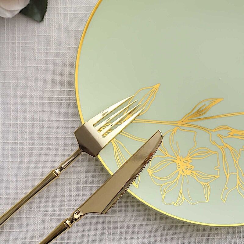 20 Round SAGE GREEN Plastic Salad Dinner PLATES Gold Floral Design