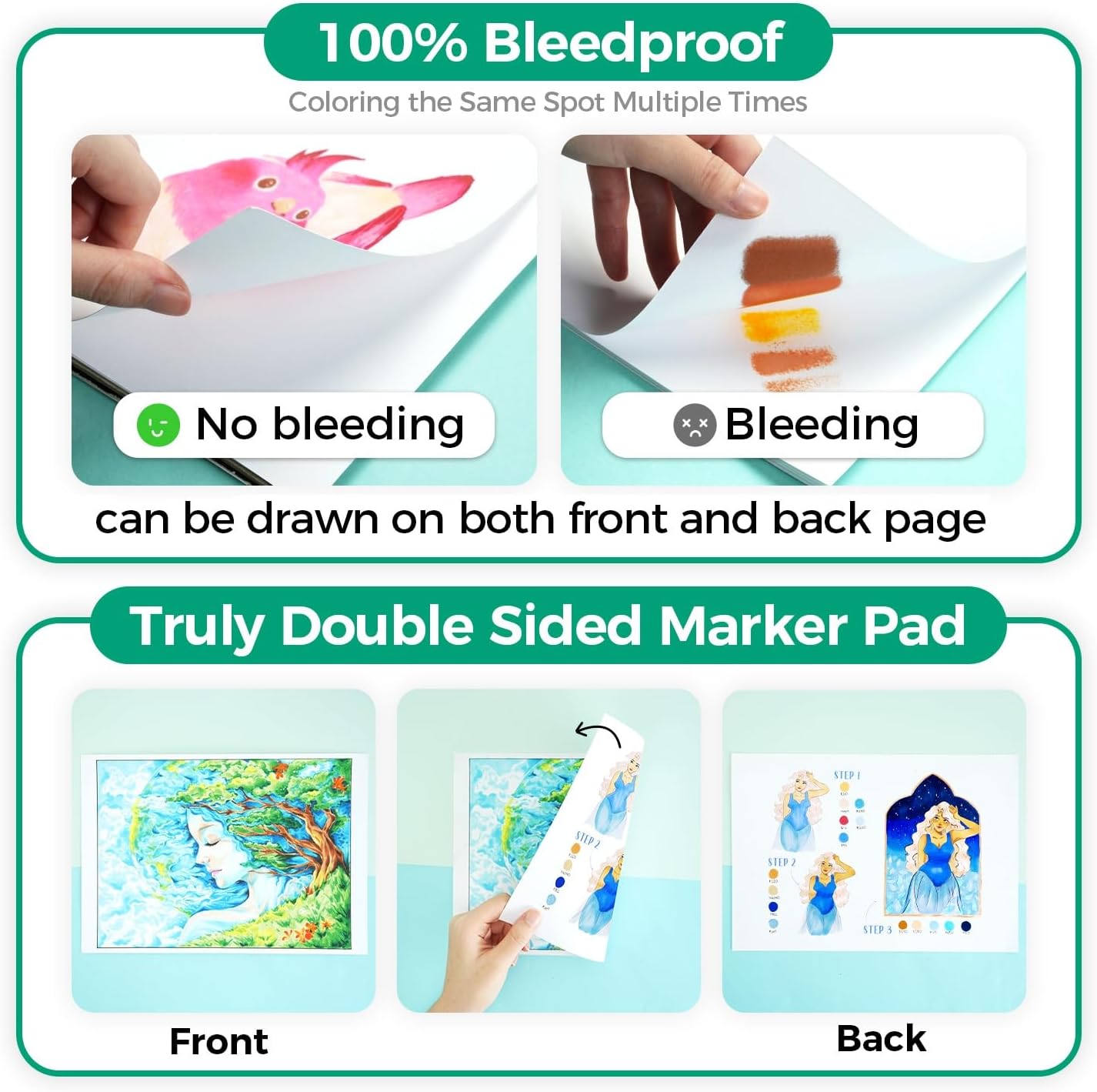 Ohuhu Double Sided Marker Pad Art Sketchbook Bleedproof - 9&#x22;x12&#x22; Large Paper Size - 90LB/150GSM Smooth Drawing Paper - 60 Sheets/120 Pages, Glue-Bound Sketching Book for Alcohol Markers Christmas Gift
