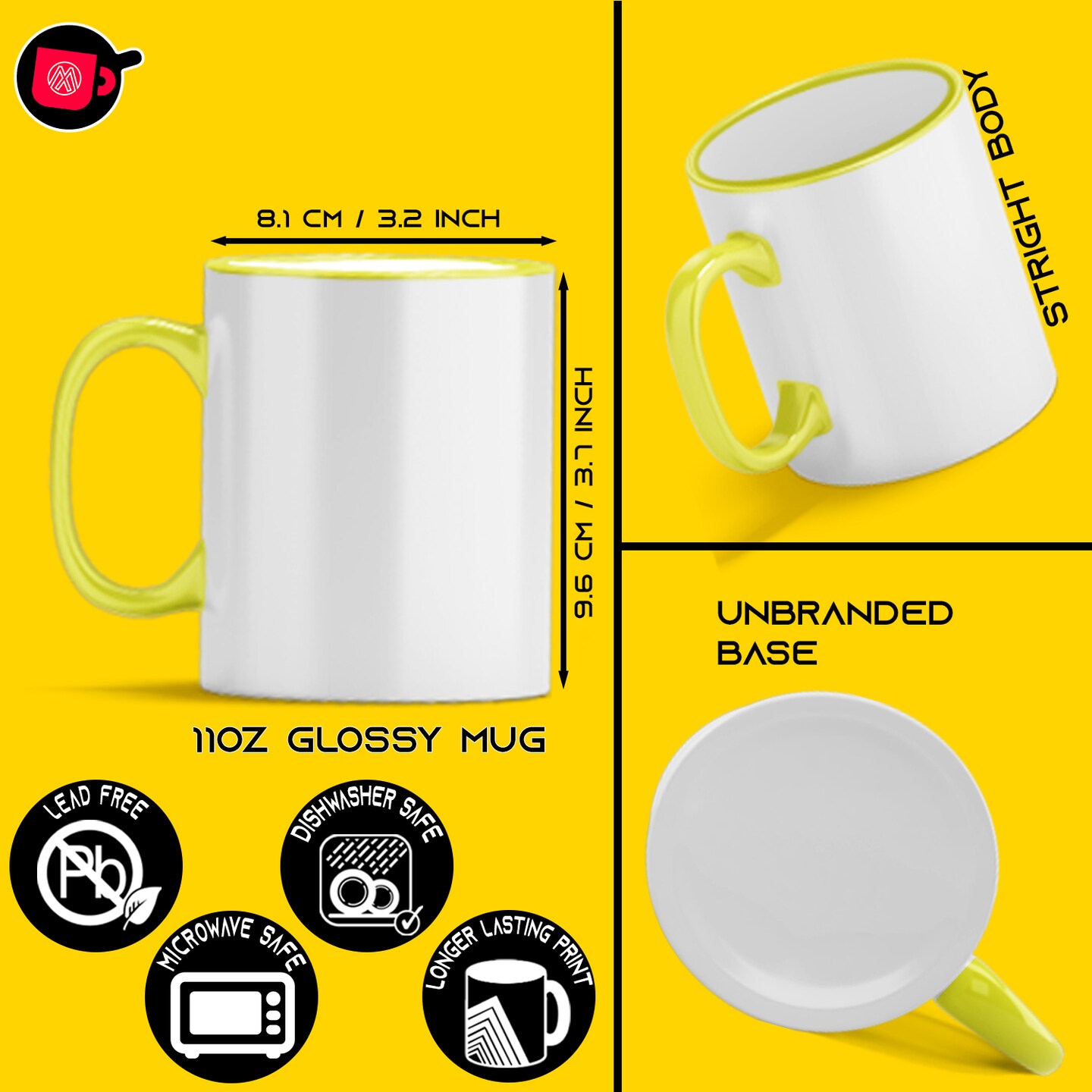 12 Pcs 11OZ Yellow Rim & Handle Sublimation Mugs With Foam Support Boxes