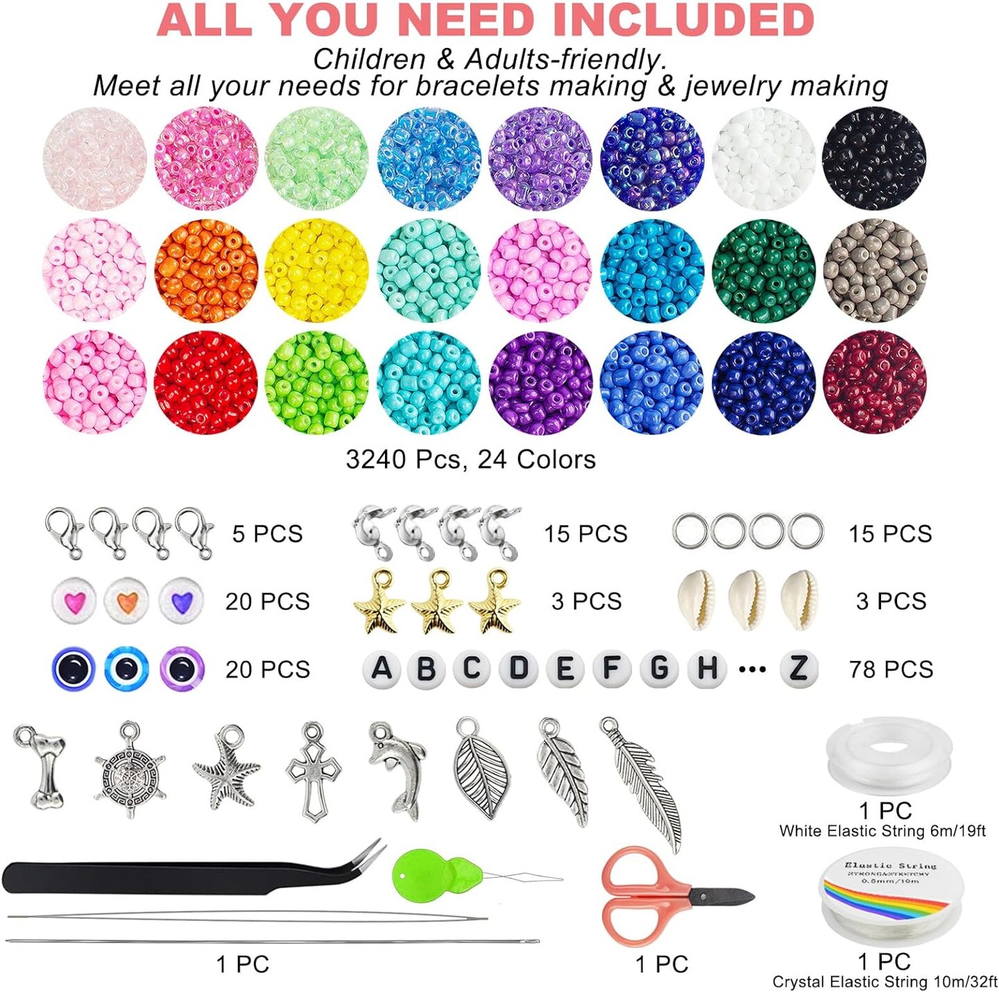 3400pcs 4mm Glass Seed Beads for Jewelry Bracelet Making Kit, Small Beads Friendship Bracelet Kit, Tiny Waist Beads Kit with Letter Beads and Elastic String, DIY Art Craft Girls Gifts.