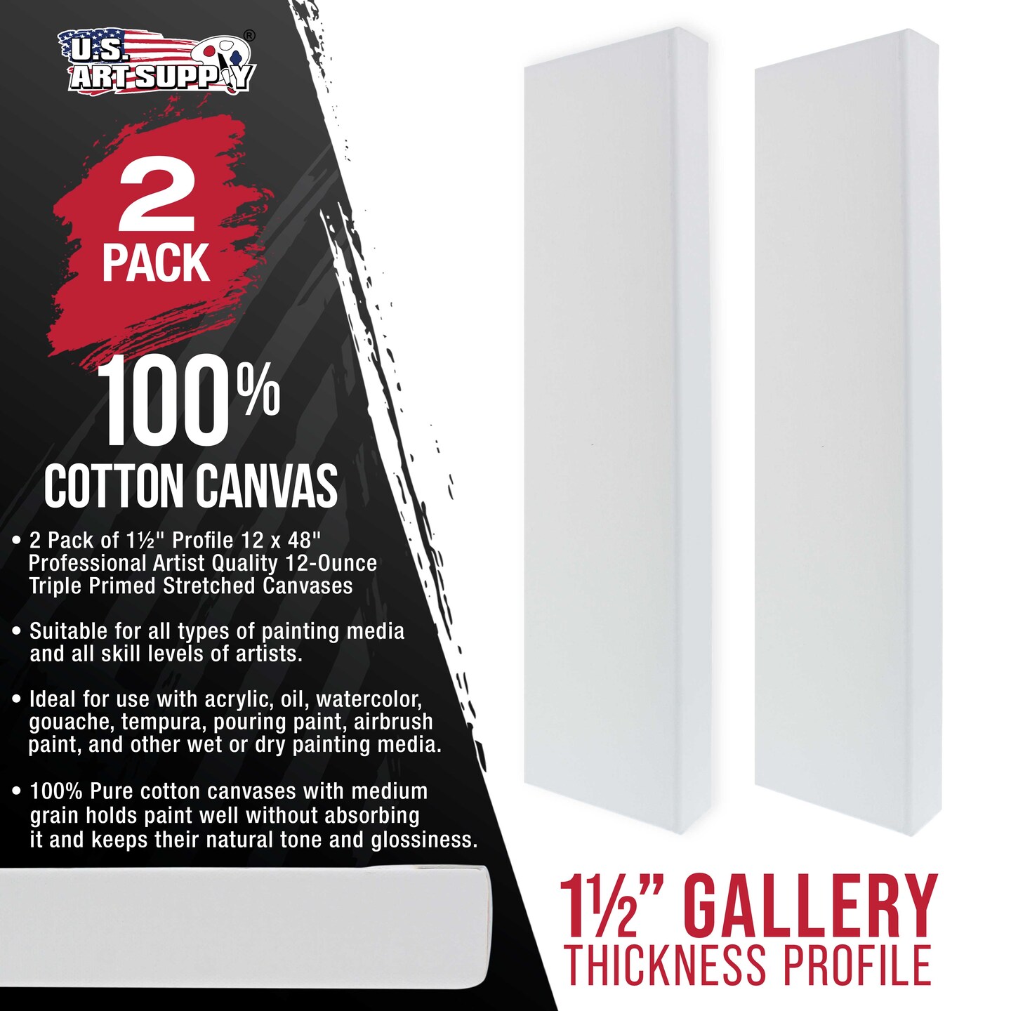 12 x 48 inch Gallery Depth 1-1/2&#x22; Profile Stretched Canvas, 2-Pack - 12-Ounce Acrylic Gesso Triple Primed, - Professional Artist Quality, 100% Cotton