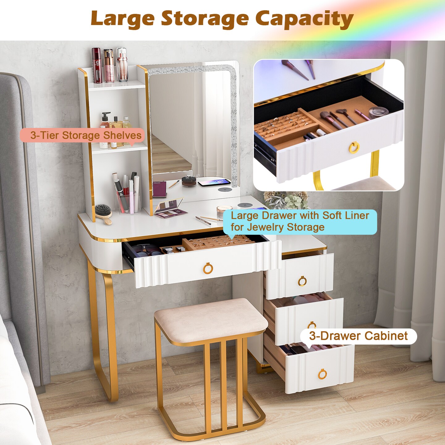 Vanity Table Set With Rgb Led Lights And Wireless Charging Station